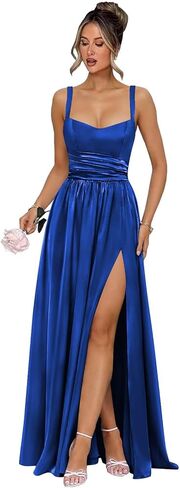 Satin Prom Dresses with Slit Scoop Neck A Line Maxi Long Formal Dress in Kuwait