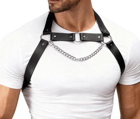 حزام صدر من الجلد الصناعي قابل للتعديل للرجال مع سلسلة من السبائك، حزام كتف قوطي فاسق للمهرجانات، النادي، ملابس تنكرية (الصدر 18.1-21.3 بوصة) in Kuwait