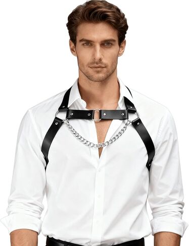 حزام صدر من الجلد الصناعي قابل للتعديل للرجال مع سلسلة من السبائك، حزام كتف قوطي فاسق للمهرجانات، النادي، ملابس تنكرية (الصدر 18.1-21.3 بوصة) in Kuwait