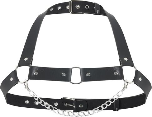 حزام صدر من الجلد الصناعي قابل للتعديل للرجال مع سلسلة من السبائك، حزام كتف قوطي فاسق للمهرجانات، النادي، ملابس تنكرية (الصدر 18.1-21.3 بوصة) in Kuwait