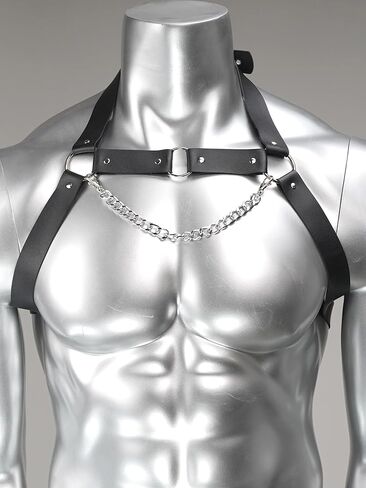 حزام صدر من الجلد الصناعي قابل للتعديل للرجال مع سلسلة من السبائك، حزام كتف قوطي فاسق للمهرجانات، النادي، ملابس تنكرية (الصدر 18.1-21.3 بوصة) in Kuwait