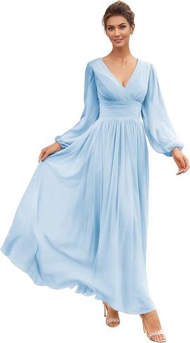 Women's Chiffon V Neck Bridesmaid Dresses with Slit Long Sleeves Flutter Formal Wedding Guest Dress in Saudi Arabia