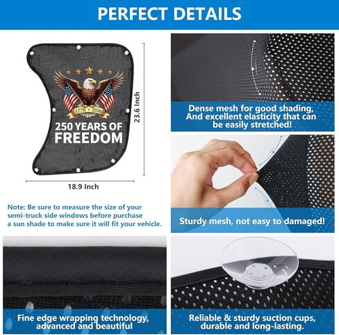 250th Anniversary Side Window Sun Shade for Semi Truck, Interior Truck Windows Shades RV Semi Truck Accessories Compatible with Freightliner, Volvo VNL, International Trucks (Black Eagle) in Kuwait