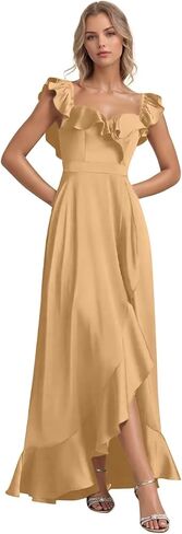 Satin Bridesmaid Dress for Women Ruffles A Line Long Prom Dress with Pockets High Low Formal Evening Gown with Slit in Kuwait