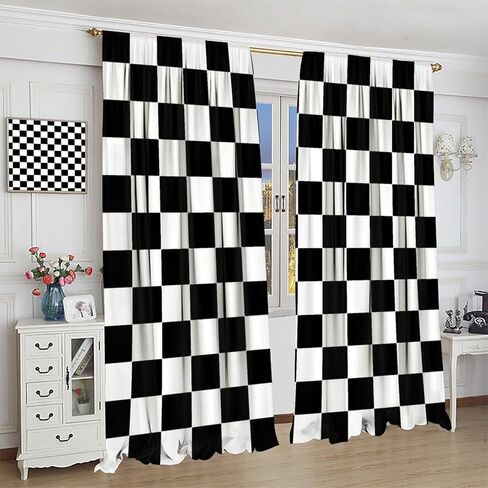 Black and White Checkered Curtains, Lovely Vintage Checkerboard Flag Racing Racing Line, Bedroom Living Room Decor Pole Pocket Curtains in Kuwait