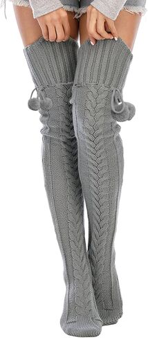 جوارب HYTENSUN النسائية عالية الفخذ - لتدفئة الساق في الشتاء فوق الركبة مع ربطة عنق بوم بوم، جوارب طويلة مريحة in Kuwait