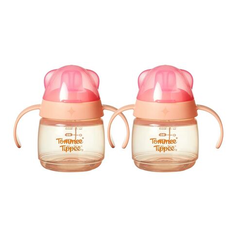 Tommee Tippee Starter Straw Cup, Easy Transition Toddler Cup For 6 Months+, 10oz with Silicone Weighted Straw and Easy-Hold Handles, Pack of 2, Pink and Purple in Kuwait
