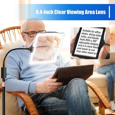 عدسة مكبرة للأرضية بدون استخدام اليدين، مع ضوء وحامل، 3 أوضاع إضاءة مكبرة للأرضية قابلة لإعادة الشحن، مناسبة للقراءة والخياطة والحرف اليدوية والتطريز والعمل عن قرب. مكبرات لكبار السن in Kuwait