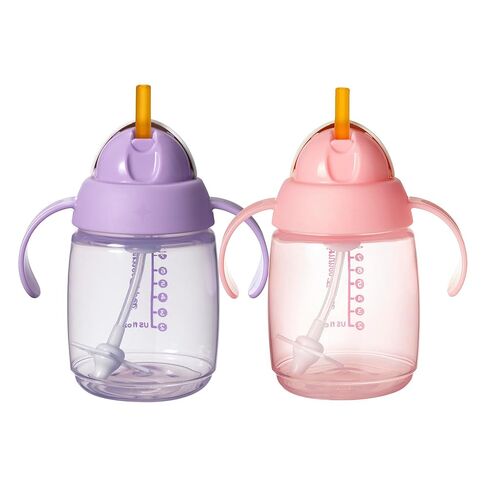 Tommee Tippee Starter Straw Cup, Easy Transition Toddler Cup For 6 Months+, 10oz with Silicone Weighted Straw and Easy-Hold Handles, Pack of 2, Pink and Purple in Kuwait