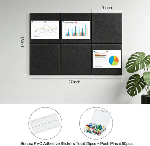Cork Board for Wall 18''×27'', Black Bulletin Boards, 6 Pack Felt Wall Tiles with Pushpins, Cork Boards for Office, School, Home Pin Board Tack Board, Felt Board for Decor in Saudi Arabia