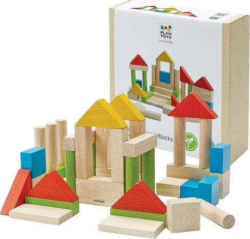 PlanToys 40 Piece Unit Block Building and Construction Block Set (5507) | Pastel Color Collection |Sustainably Made from Rubberwood and Non-Toxic Paints and Dyes in Saudi Arabia