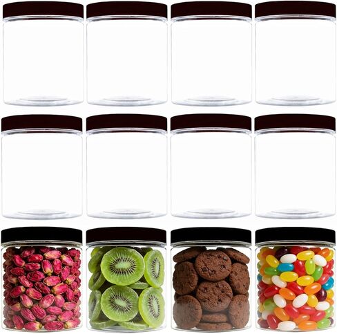 12 عبوة من الجرار البلاستيكية بأغطية سعة 8 أونصة، حاويات تخزين شفافة واسعة الفم بأغطية سوداء، برطمانات بلاستيكية شفافة مستديرة فارغة مع أغطية وملصقات لزبدة الجسم وملح الاستحمام والسلايم ومنتجات التجميل in Kuwait