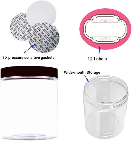 12 عبوة من الجرار البلاستيكية بأغطية سعة 8 أونصة، حاويات تخزين شفافة واسعة الفم بأغطية سوداء، برطمانات بلاستيكية شفافة مستديرة فارغة مع أغطية وملصقات لزبدة الجسم وملح الاستحمام والسلايم ومنتجات التجميل in Kuwait