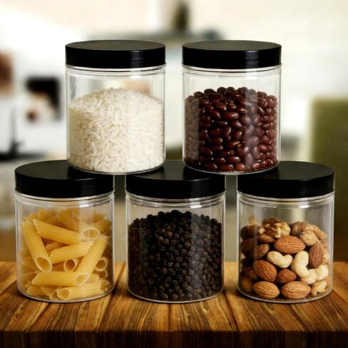 12 عبوة من الجرار البلاستيكية بأغطية سعة 8 أونصة، حاويات تخزين شفافة واسعة الفم بأغطية سوداء، برطمانات بلاستيكية شفافة مستديرة فارغة مع أغطية وملصقات لزبدة الجسم وملح الاستحمام والسلايم ومنتجات التجميل in Kuwait