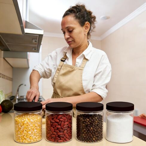 12 عبوة من الجرار البلاستيكية بأغطية سعة 8 أونصة، حاويات تخزين شفافة واسعة الفم بأغطية سوداء، برطمانات بلاستيكية شفافة مستديرة فارغة مع أغطية وملصقات لزبدة الجسم وملح الاستحمام والسلايم ومنتجات التجميل in Kuwait