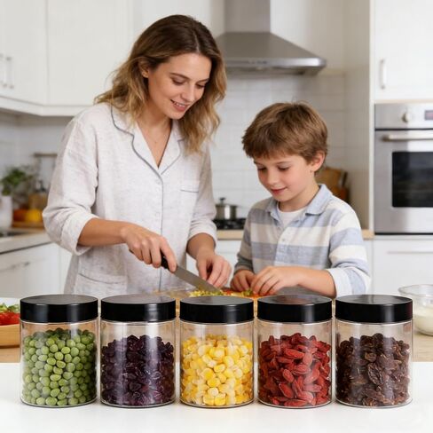 12 عبوة من الجرار البلاستيكية بأغطية سعة 8 أونصة، حاويات تخزين شفافة واسعة الفم بأغطية سوداء، برطمانات بلاستيكية شفافة مستديرة فارغة مع أغطية وملصقات لزبدة الجسم وملح الاستحمام والسلايم ومنتجات التجميل in Kuwait