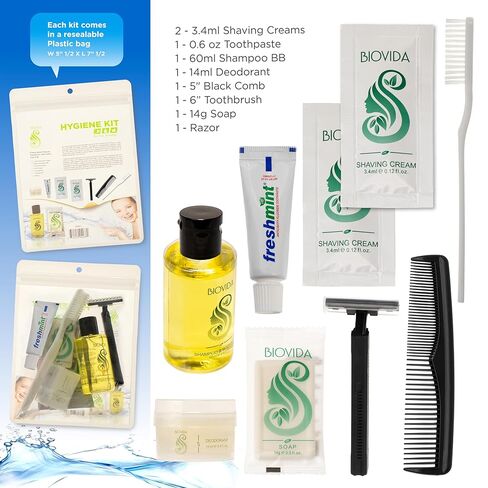 Moda West 96 Hygiene Kits - Bulk Case of Wholesale Basic Toiletry Kits for Men, Women, Travel, Charity 8 Pc Kit in Kuwait