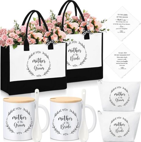 2 Sets Mother of the Bride Groom Wedding Gifts Set Includes Black White Canvas Tote Bag Makeup Bag Mug Cup Gifts to Mom Embroidered Handkerchief Presents for Women Wedding Bridal Shower in Kuwait