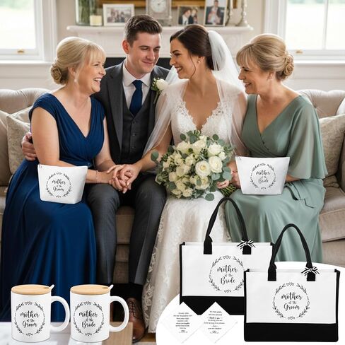 2 Sets Mother of the Bride Groom Wedding Gifts Set Includes Black White Canvas Tote Bag Makeup Bag Mug Cup Gifts to Mom Embroidered Handkerchief Presents for Women Wedding Bridal Shower in Kuwait