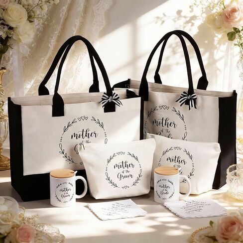 2 Sets Mother of the Bride Groom Wedding Gifts Set Includes Black White Canvas Tote Bag Makeup Bag Mug Cup Gifts to Mom Embroidered Handkerchief Presents for Women Wedding Bridal Shower in Kuwait