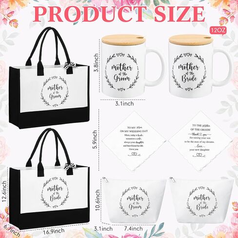 2 Sets Mother of the Bride Groom Wedding Gifts Set Includes Black White Canvas Tote Bag Makeup Bag Mug Cup Gifts to Mom Embroidered Handkerchief Presents for Women Wedding Bridal Shower in Kuwait