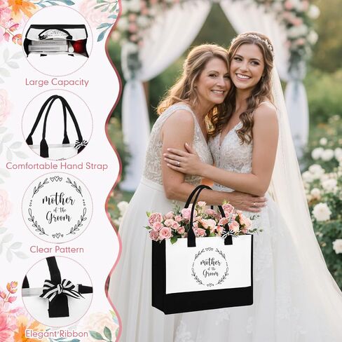2 Sets Mother of the Bride Groom Wedding Gifts Set Includes Black White Canvas Tote Bag Makeup Bag Mug Cup Gifts to Mom Embroidered Handkerchief Presents for Women Wedding Bridal Shower in Kuwait