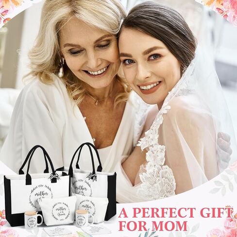 2 Sets Mother of the Bride Groom Wedding Gifts Set Includes Black White Canvas Tote Bag Makeup Bag Mug Cup Gifts to Mom Embroidered Handkerchief Presents for Women Wedding Bridal Shower in Kuwait