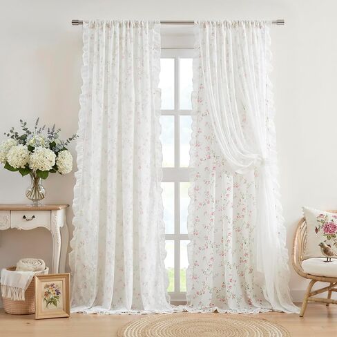 zjdecor ستائر زهرية عتيقة مع تراكب شفاف من الدانتيل مقاس 84 بوصة، زهرة وردية على أبيض لا يمكن الرؤية من خلالها ستائر شفافة من الدانتيل حافة كشكش، معالجة نافذة رث أنيقة لغرفة النوم وغرفة المعيشة، جيب قضيب، وردي in Kuwait