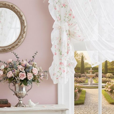 zjdecor ستائر زهرية عتيقة مع تراكب شفاف من الدانتيل مقاس 84 بوصة، زهرة وردية على أبيض لا يمكن الرؤية من خلالها ستائر شفافة من الدانتيل حافة كشكش، معالجة نافذة رث أنيقة لغرفة النوم وغرفة المعيشة، جيب قضيب، وردي in Kuwait
