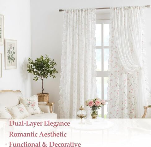 zjdecor ستائر زهرية عتيقة مع تراكب شفاف من الدانتيل مقاس 84 بوصة، زهرة وردية على أبيض لا يمكن الرؤية من خلالها ستائر شفافة من الدانتيل حافة كشكش، معالجة نافذة رث أنيقة لغرفة النوم وغرفة المعيشة، جيب قضيب، وردي in Kuwait