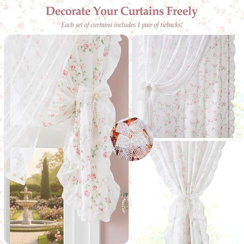 zjdecor ستائر زهرية عتيقة مع تراكب شفاف من الدانتيل مقاس 84 بوصة، زهرة وردية على أبيض لا يمكن الرؤية من خلالها ستائر شفافة من الدانتيل حافة كشكش، معالجة نافذة رث أنيقة لغرفة النوم وغرفة المعيشة، جيب قضيب، وردي in Kuwait