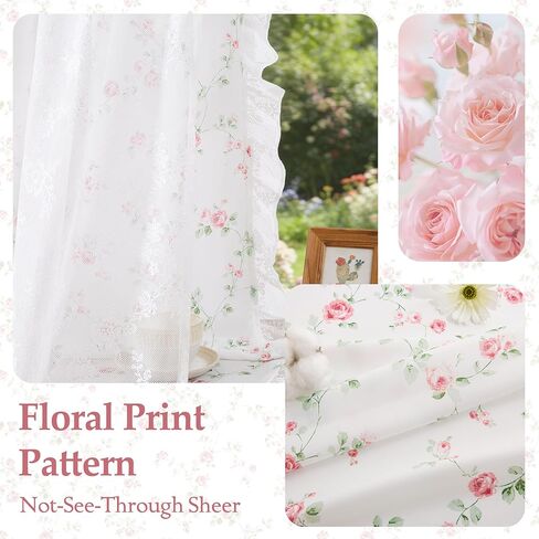 zjdecor ستائر زهرية عتيقة مع تراكب شفاف من الدانتيل مقاس 84 بوصة، زهرة وردية على أبيض لا يمكن الرؤية من خلالها ستائر شفافة من الدانتيل حافة كشكش، معالجة نافذة رث أنيقة لغرفة النوم وغرفة المعيشة، جيب قضيب، وردي in Kuwait