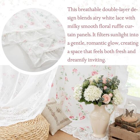 zjdecor ستائر زهرية عتيقة مع تراكب شفاف من الدانتيل مقاس 84 بوصة، زهرة وردية على أبيض لا يمكن الرؤية من خلالها ستائر شفافة من الدانتيل حافة كشكش، معالجة نافذة رث أنيقة لغرفة النوم وغرفة المعيشة، جيب قضيب، وردي in Kuwait