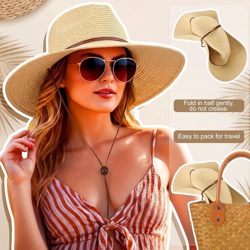 Women Straw Sun Panama Hats for Women Sun Wide Brim Straw Hat Fedora Summer Hats with Wind Lanyard in Saudi Arabia