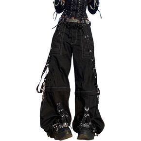 النساء Y2k السراويل البضائع الشرير ايمو فضفاض زيبر يطير Harajuku جرس أسفل الجينز الجرونج القوطية خمر بنطال ذو قصة أرجل واسعة in Kuwait