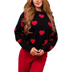 Women's Valentine's Day Heart Print Sweater Loose Crew Neck Long Sleeve Pullover Knit Tops for Date in Kuwait