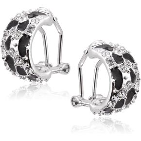 FAIRY COUPLE 18K White Gold Plated Bold Half Hoop Earrings for Women, Hand-Applied Black Enamel Panther Motif J-Hoops with Sparkling CZ, Luxury Statement Jewelry with Secure Omega Back E518 in Kuwait