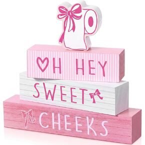 Xuhal 4 Pcs Pink Bow Bathroom Decor Coquette Bow Block Sign Farmhouse Bowknot Gifts for Home Bathroom Washroom Restroom Nursery Wedding Pink Bows Party Decorations Table Centerpieces Tiered Tray Decor in Saudi Arabia
