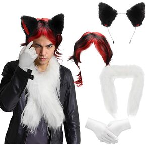 4 Pcs Halloween Costume Set Red and Black Wig Furry Ear Headwear White Glove White Plush Scarf for Adult Halloween Cosplay Party Accessory in Kuwait