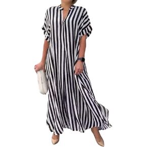 chouyatou Women's Casual Short Sleeve V Neck Striped Dresses Loose Maxi Shirt Dress with Side Slit in Saudi Arabia