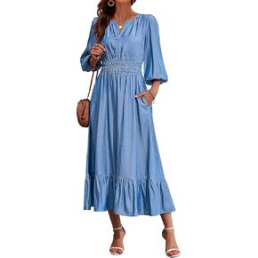 Eddoyee Women's Casual Maxi Dress with Pockets V Neck Midi Dresses Elbow Sleeve Elastic Waist Tiered Summer Outfits 2026 in Kuwait