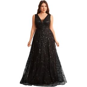 Women's Plus Size Sequin Mesh A-Line V Neck Maxi Prom Dress SleevelessFormal Evening Gowns in Kuwait