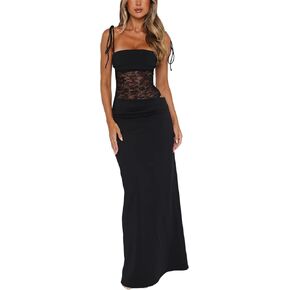 Women's Lace Splicing Cutout Maxi Dress Square Neck Sleeveless Bodycon Sheer Corset Elegant Wedding Guest Dress in Saudi Arabia