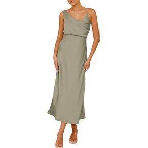 Summer Satin Cowl Neck Midi Dress for Women 2026 Elegant Formal Silk Spaghetti Strap Backless Wedding Guest Dresses in Saudi Arabia