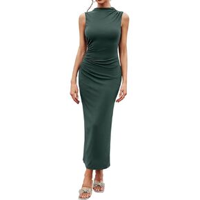 Bluetime Women's Ruched Bodycon Maxi Dresses Sleeveless Slim Fit Summer Dress Elegant Cocktail Slit Wedding Guest Dress in Kuwait