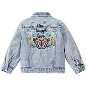 سترة بناتي لطيفة مطرزة بالزهور على شكل فراشة من قماش الدنيم بأكمام طويلة وأزرار سفلية وياقة جينز وسترات ملابس خارجية in Kuwait