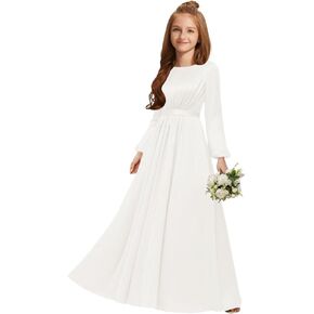 MRHUSH Junior Bridesmaid Dresses Satin Long Sleeve Flower Girl Dress Pleated Prom Dresses for Teen Girls Formal Dress A-Line in Kuwait