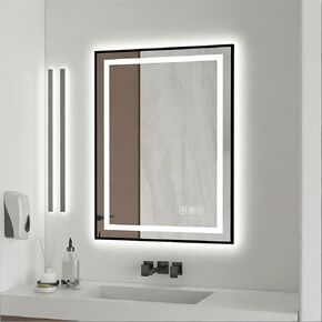 18x24 inches Rectangular Aluminum Black Framed LED Mirror, Smart Bathroom Mirror with Lights, Anti-Fog, Tempered Glass, 3 Colors Dimmable, Front and Backlit, Wall Mounted, Memory in Saudi Arabia
