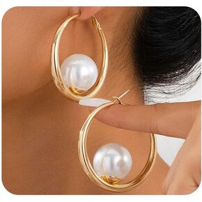 Gold Large Pearl Hoop Earrings for Women,Trendy Chunky Pearls Circle Geometric Dangle Earrings,Fashion Party Jewelry Gift Prom Outfit Accessories in Kuwait