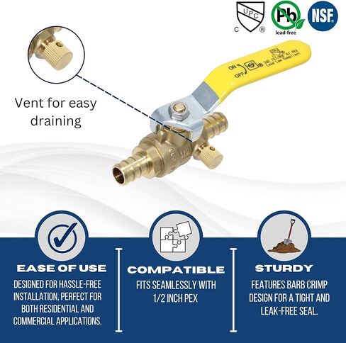 2 Pieces XFITTING 1/2'' Pex Ball Valve with Drain, Full Port Yellow Handle in Kuwait